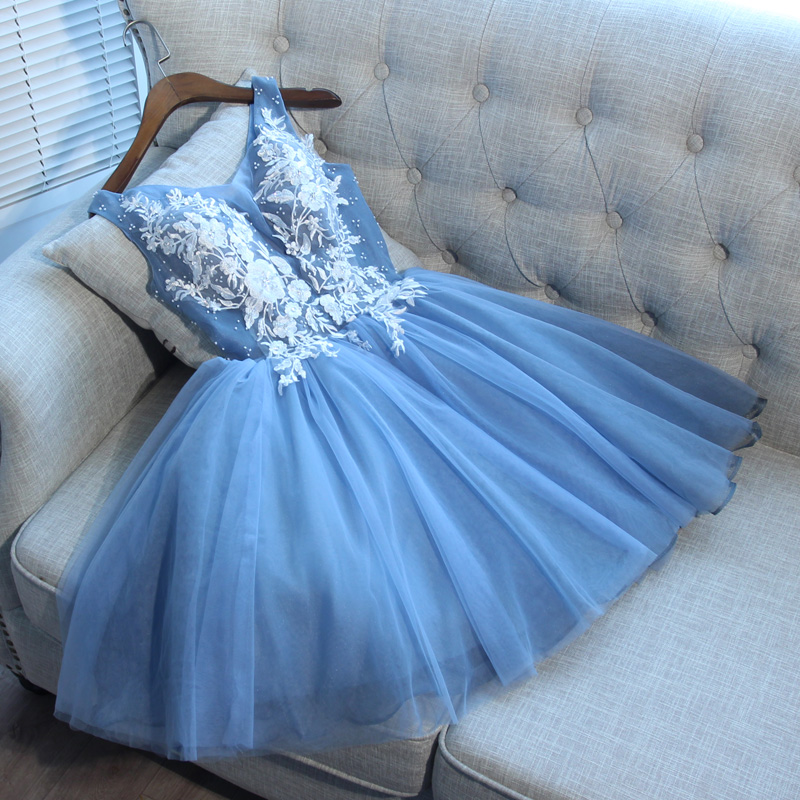 Blue V Neck Tulle Lace Short Prom Dress, Homecoming Dress