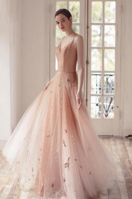 Pink Tulle Sequins Long Prom Dress, Evening Dress
