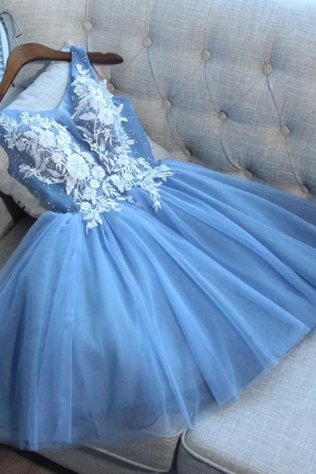 Blue V Neck Tulle Lace Short Prom Dress, Homecoming Dress