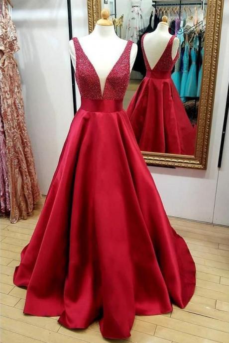 Red A Line V-neck Beaded Backless Quinceanera Dresses Long Prom Dress Long Evening Dress