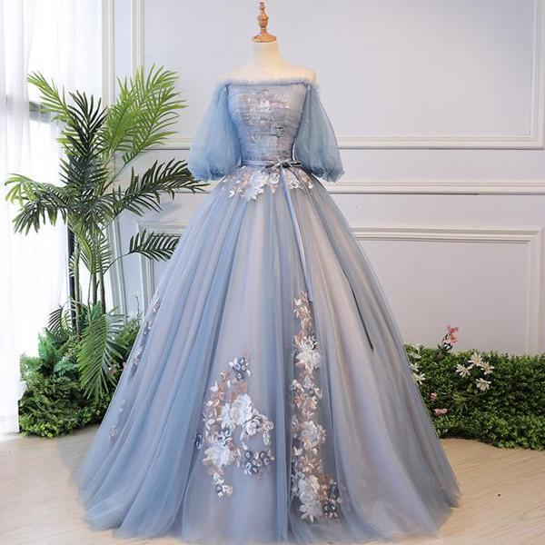 Blue tulle lace long ball gown dress formal dress