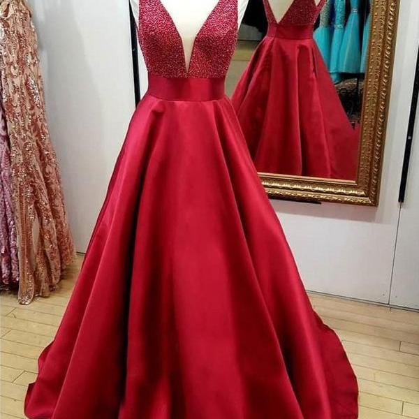 Red A Line V-Neck Beaded Backless Quinceanera Dresses Cheap Long Prom Dress Long evening Dress